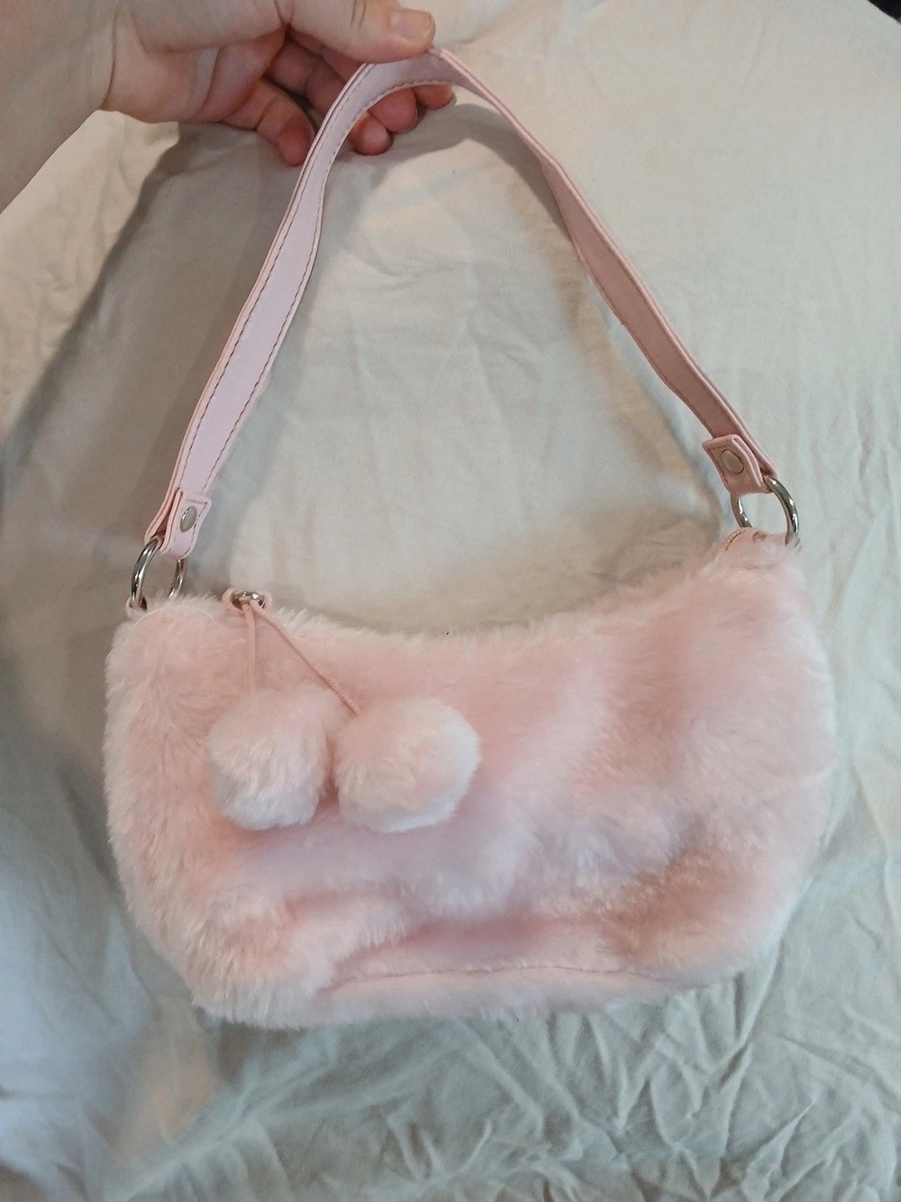 Soft Pink Faux Fur Pom-Pom Shoulder Bag